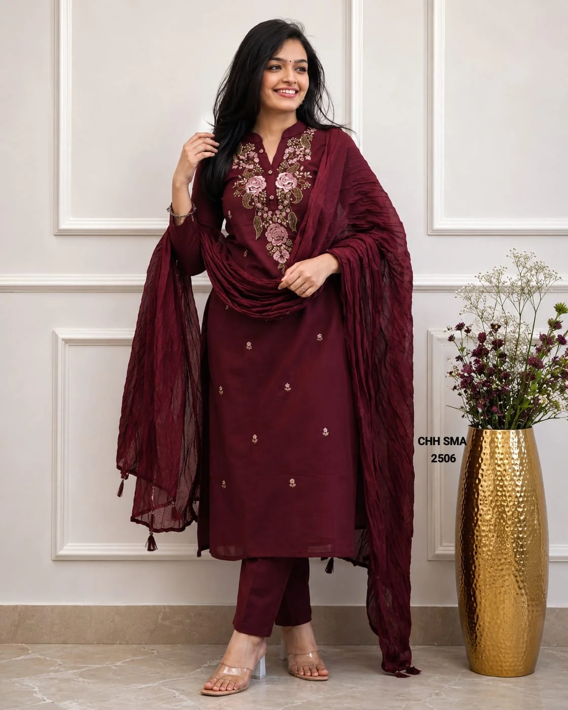 Floral Embroidered Straight Kurta, Pant, and Dupatta Set.